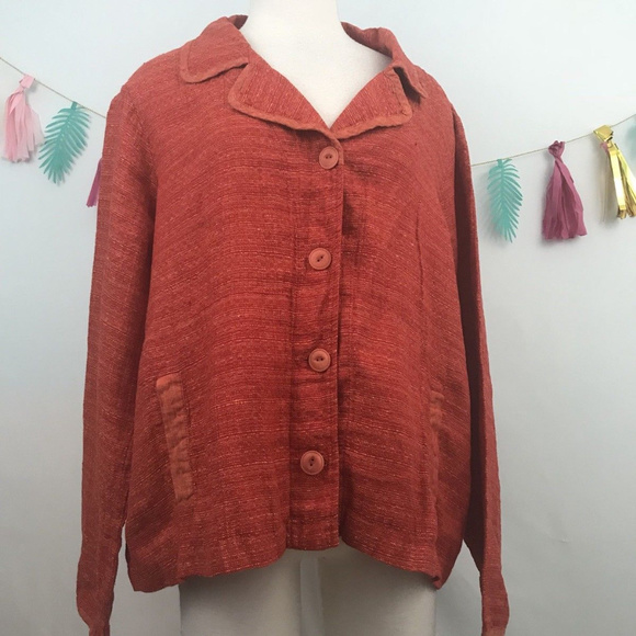 Flax Sweaters - Flax Orange Linen Long Buttoned Top Sz- L